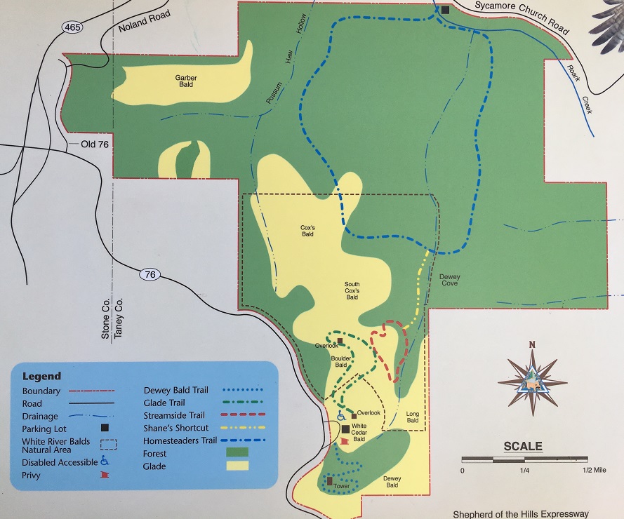 Map of hiking trails at Ruth and Paul Henning Conservation Area in Branson MO